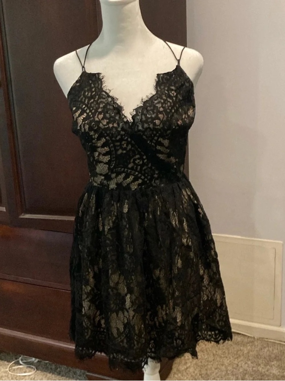 Tobi Black Lace Mini Dress with Gold Underlay